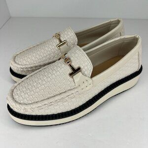 Womens White Faux Leather Mental Chain Almond Toe Slip-On Size 42 Loafers